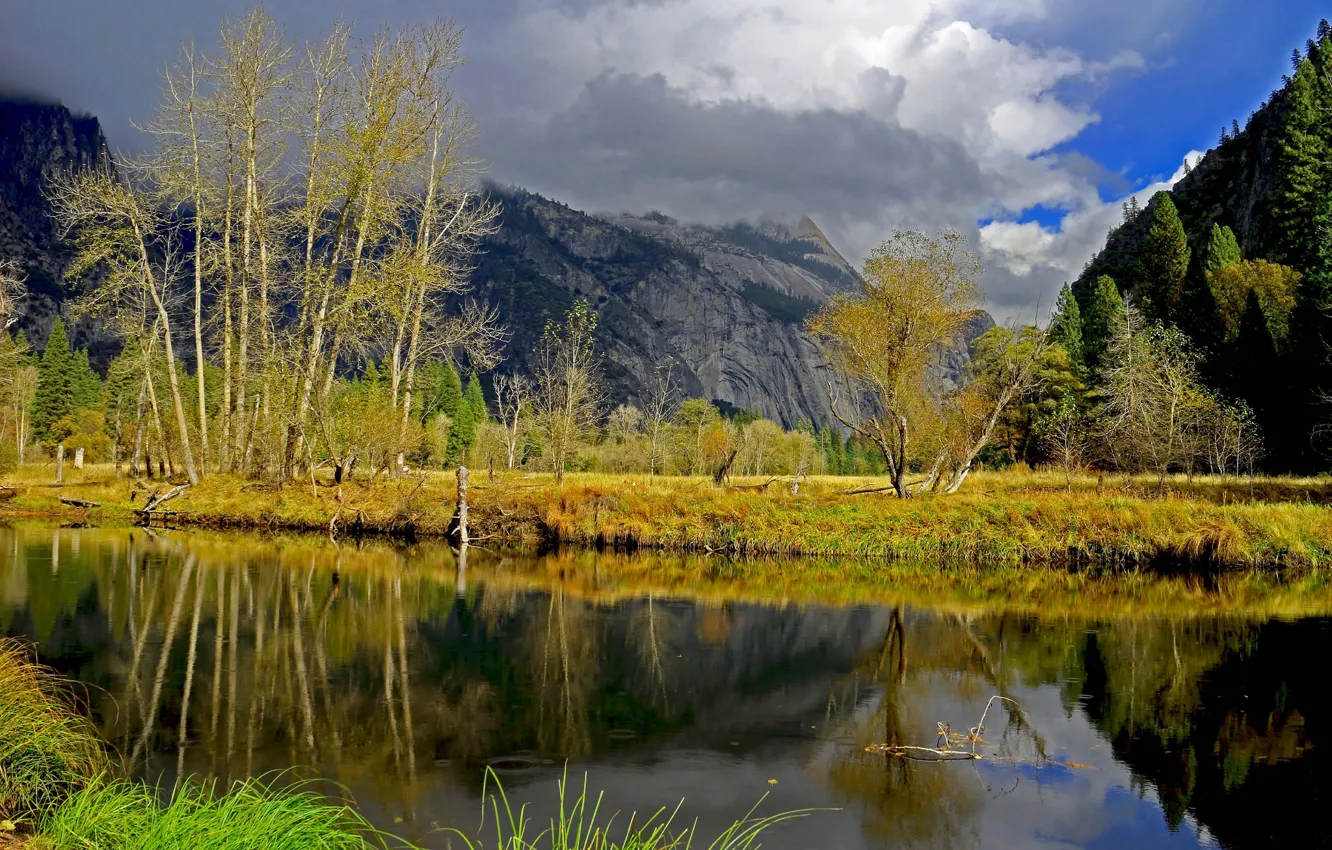 Photo wallpaper autumn, trees, mountains, river, CA, USA, Yosemite, Yosemite national Park