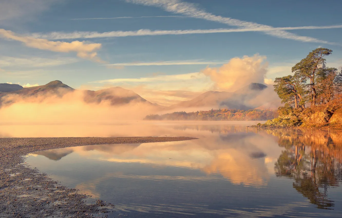 Photo wallpaper autumn, fog, lake, England, morning, Cumbria