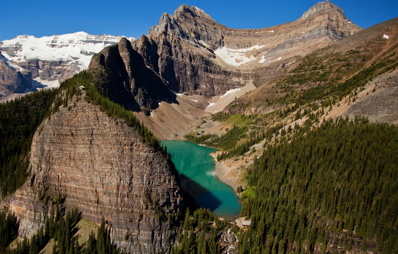 Photo wallpaper the sky, the sun, trees, mountains, lake, rocks, Canada, Albert