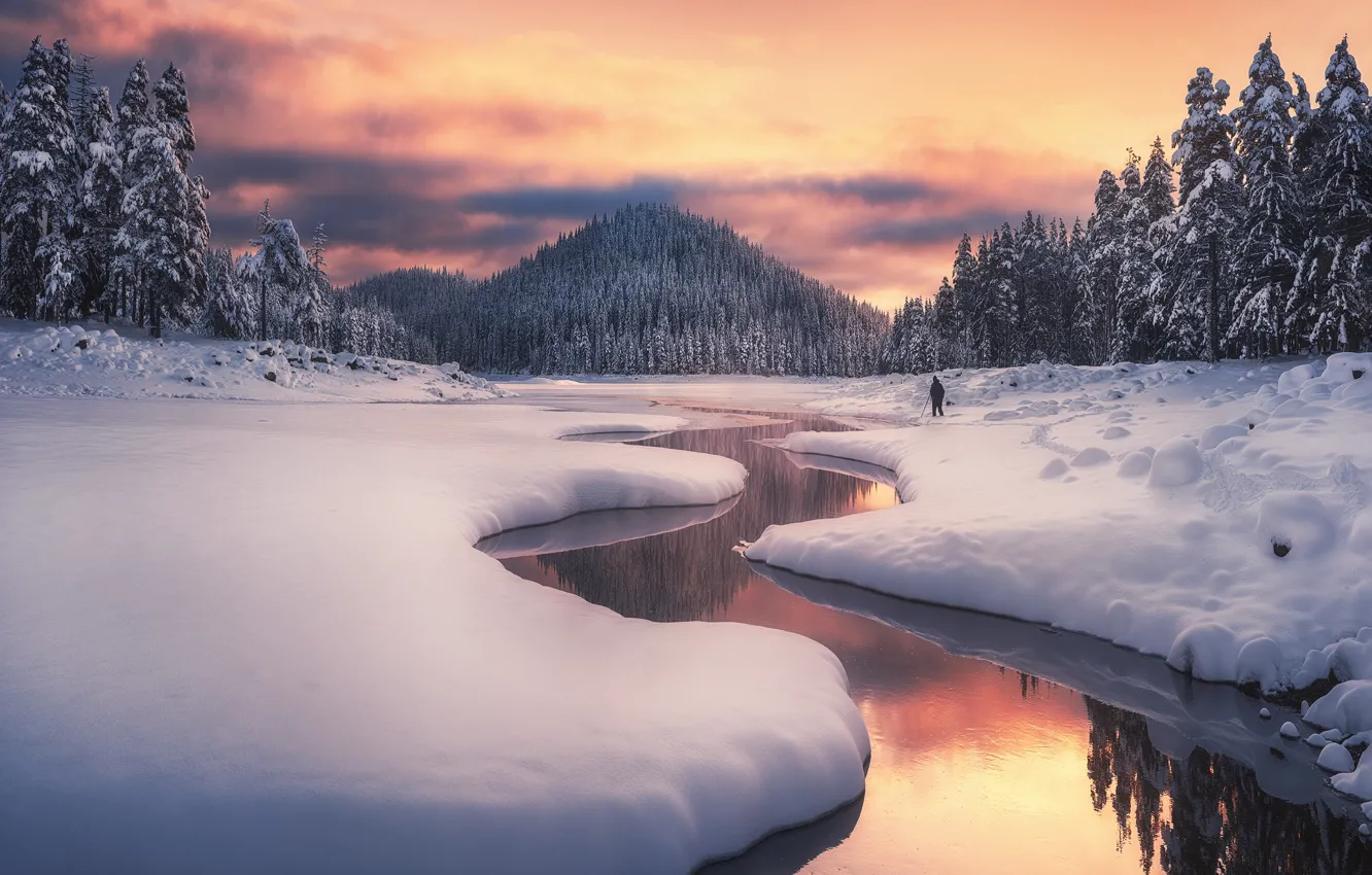 Photo wallpaper winter, forest, snow, landscape, mountains, nature, river, Materov.