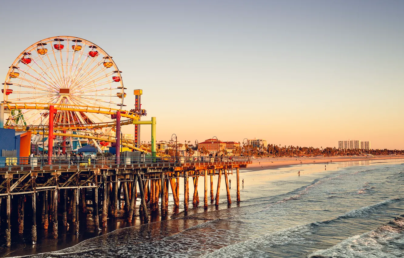 Photo wallpaper wave, beach, the sky, sunset, people, CA, Ferris wheel, Los Angeles