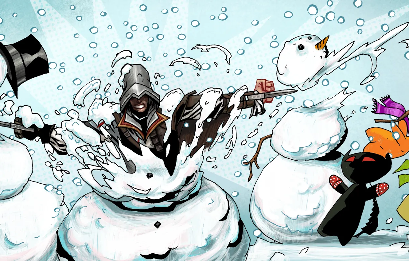 Photo wallpaper gift, Christmas, snowman, assassin, Steam, sale, discounts, Thursday