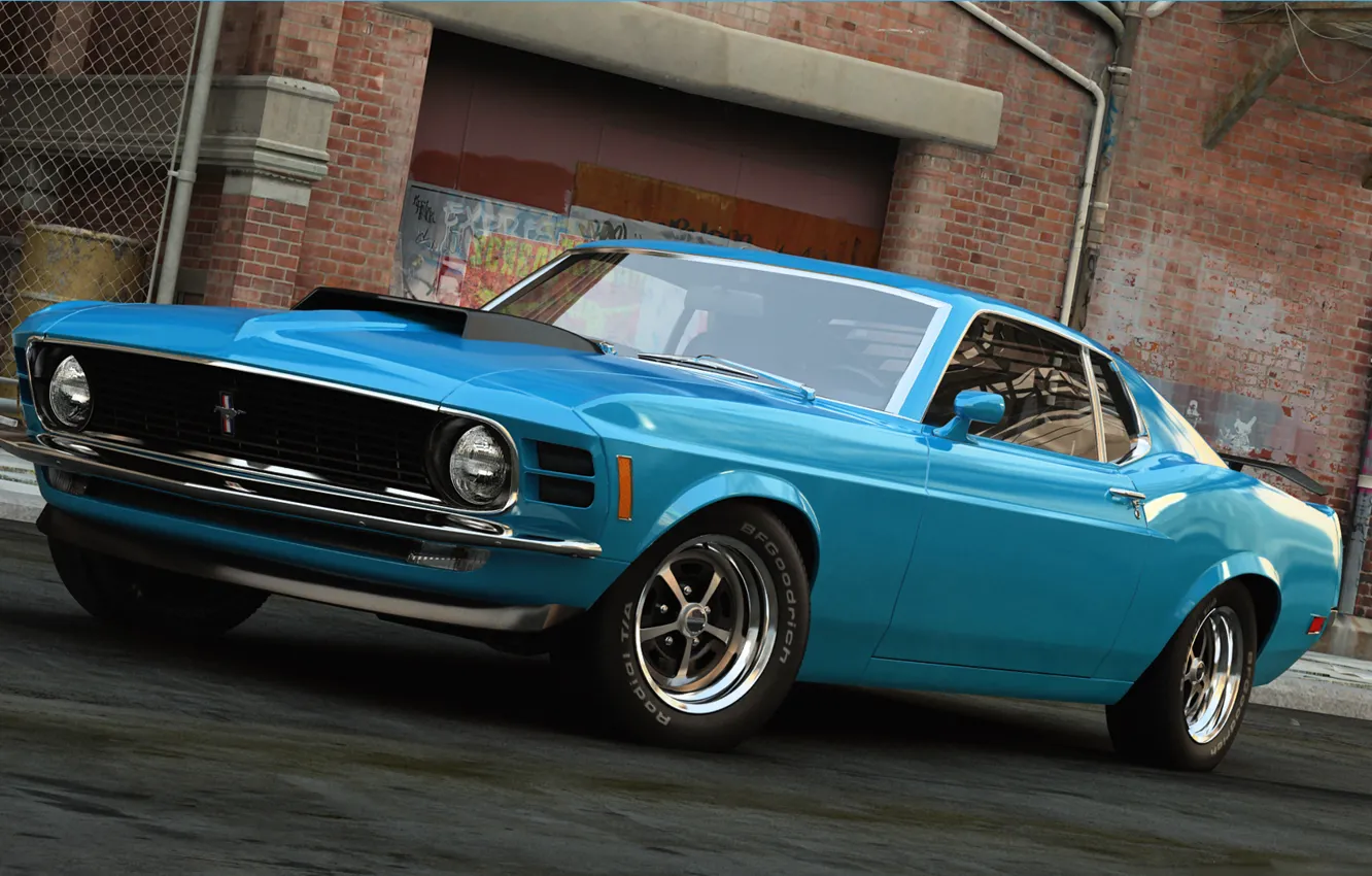 Photo wallpaper machine, graphics, Mustang, Ford, art, blue, 1970, dangeruss