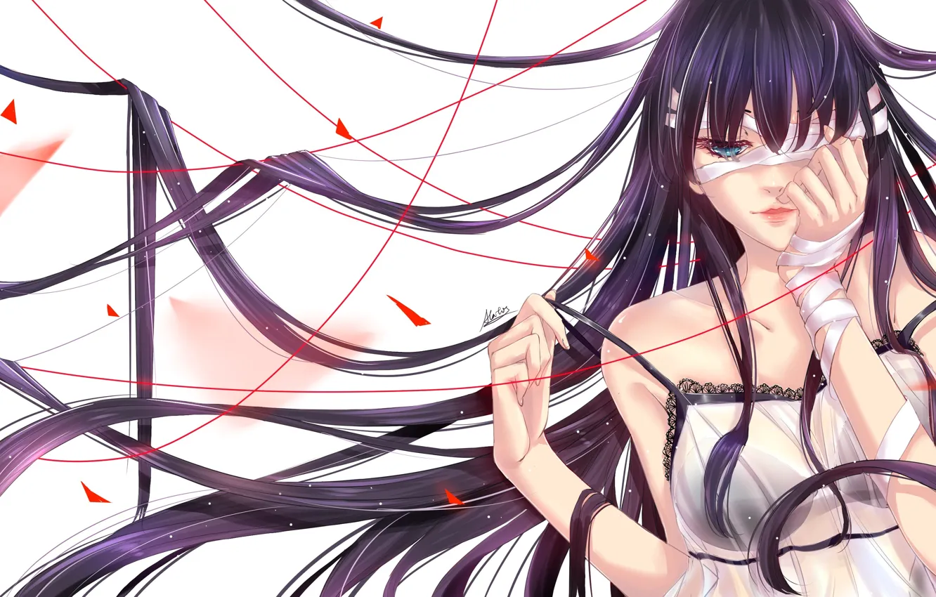 Photo wallpaper girl, hair, anime, petals, art, thread, atatos