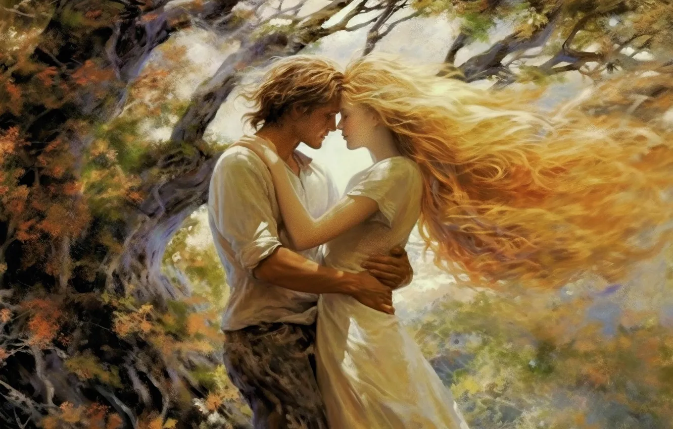 Photo wallpaper forest, look, girl, trees, love, branches, nature, pose