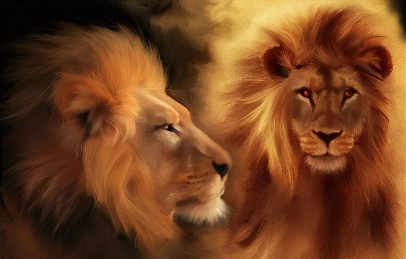 Photo wallpaper Mane, Two, Animals, Art, Lions, Predators, Big Cats
