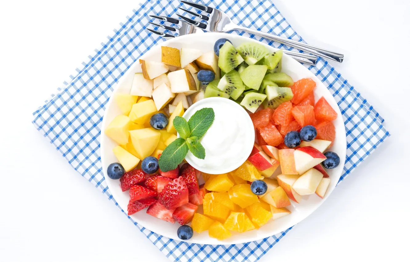 Photo wallpaper apples, orange, kiwi, strawberry, fruit, pineapple, pear, mint