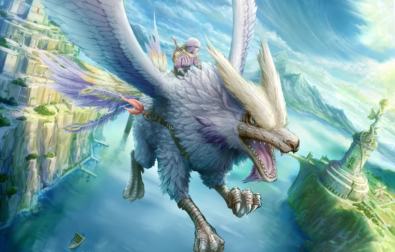 Photo wallpaper flight, the city, river, rocks, wings, being, feathers, statue