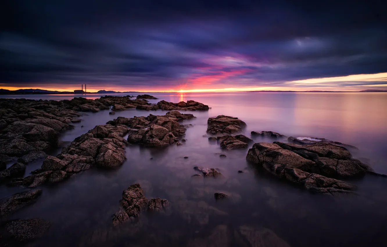 Photo wallpaper sea, the sky, the sun, sunset, stones, shore, the evening