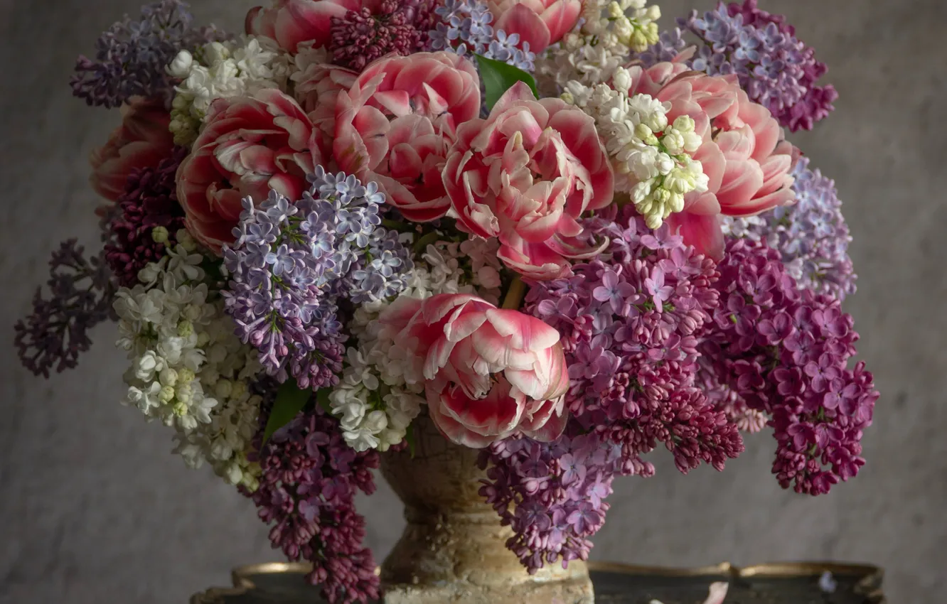 Photo wallpaper background, bouquet, tulips, vase, table, lilac