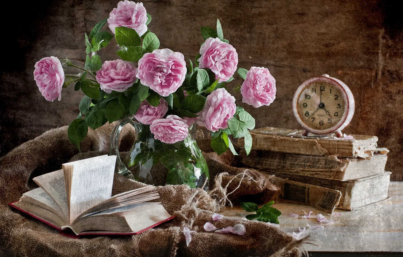 Photo wallpaper flowers, books, roses, bouquet, alarm clock, still life