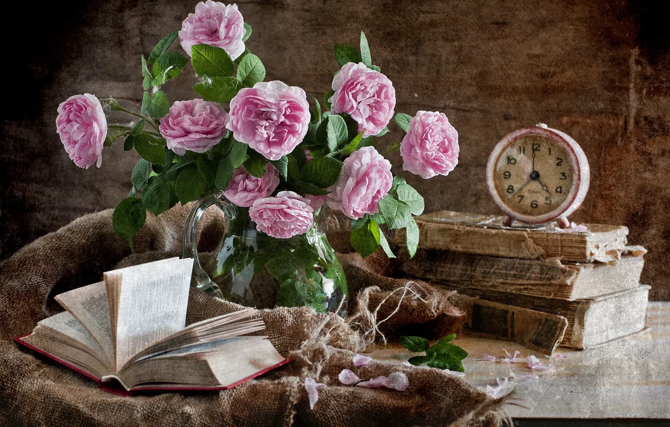 Photo wallpaper book, flowers, still life, bouquet, alarm clock, roses