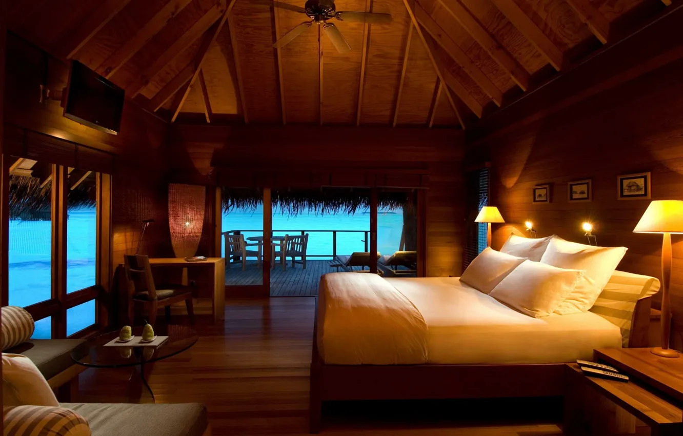 Photo wallpaper sea, stay, bed, pillow, Bungalow, lamps