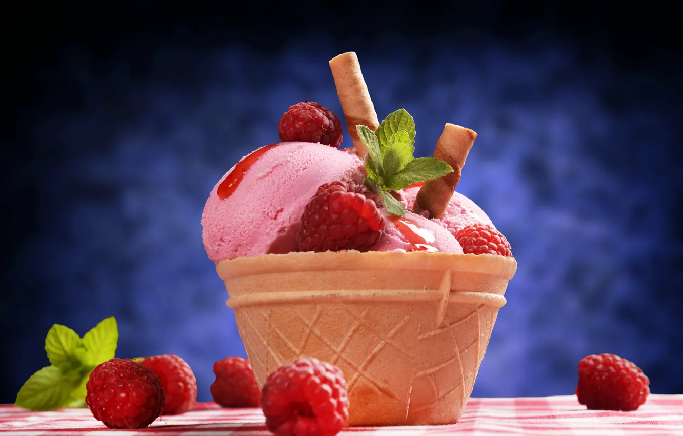 Photo wallpaper berries, raspberry, ice cream, mint, dessert, waffle Cup