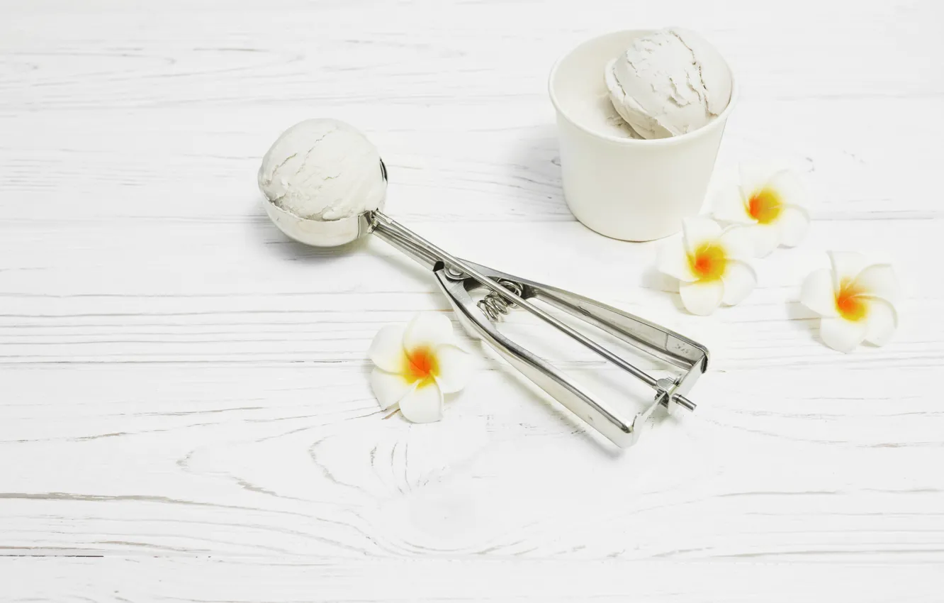 Photo wallpaper ice cream, Cup, Flowers, wood, vanilla, Dessert