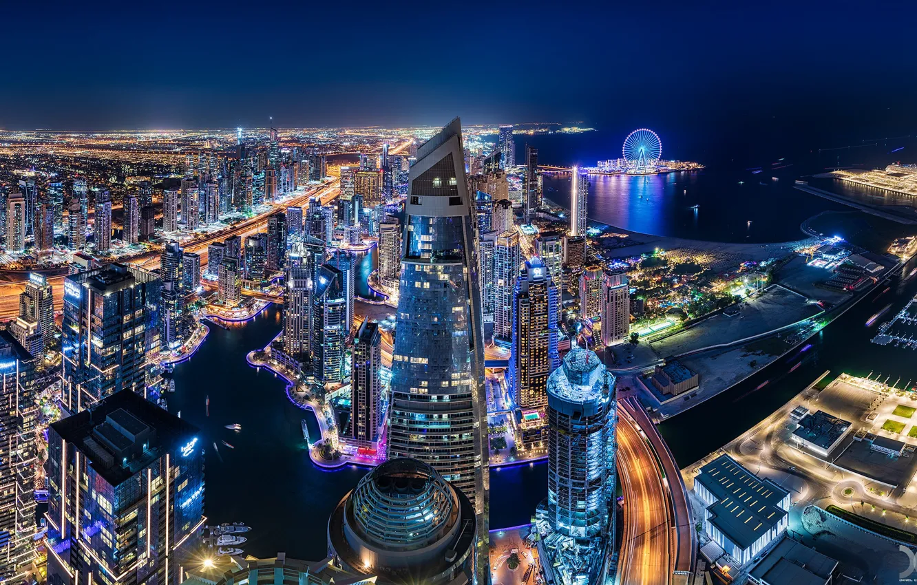 Photo wallpaper building, home, panorama, Bay, Dubai, night city, Dubai, skyscrapers
