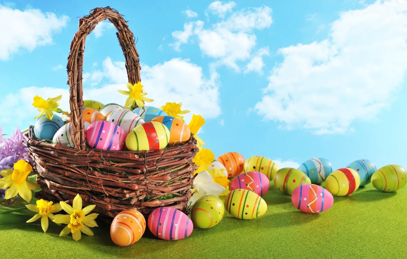 Photo wallpaper flowers, basket, eggs, Easter, flowers, spring, Easter, eggs