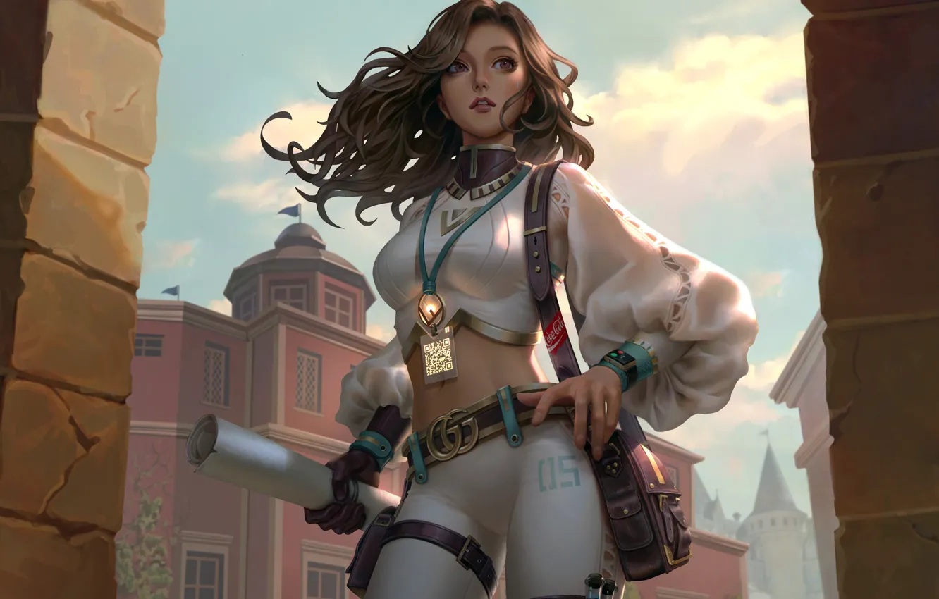 Photo wallpaper city, girl, fantasy, brunette, castle, artist, digital art, bag