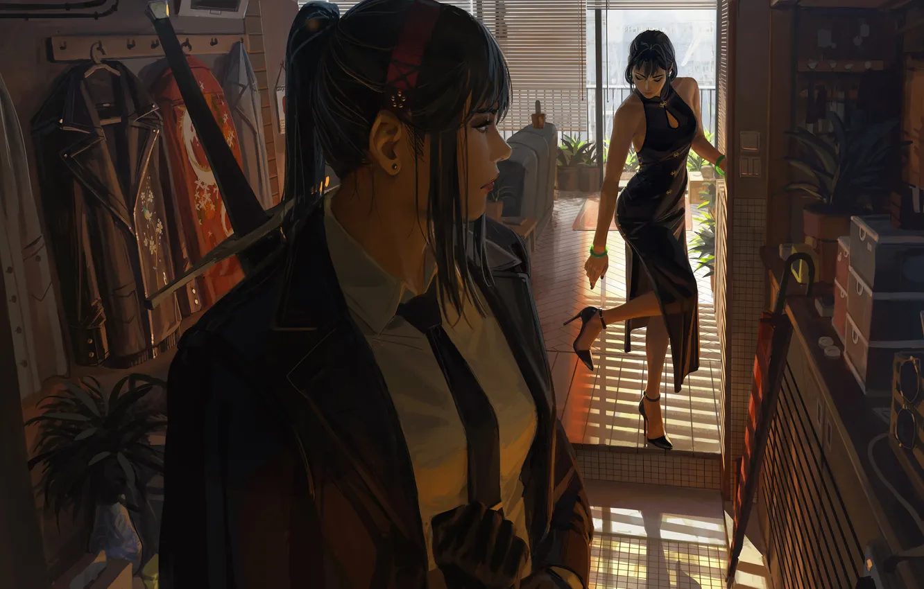 Photo wallpaper sword, fantasy, dress, girls, digital art, artwork, fantasy art, Illustration