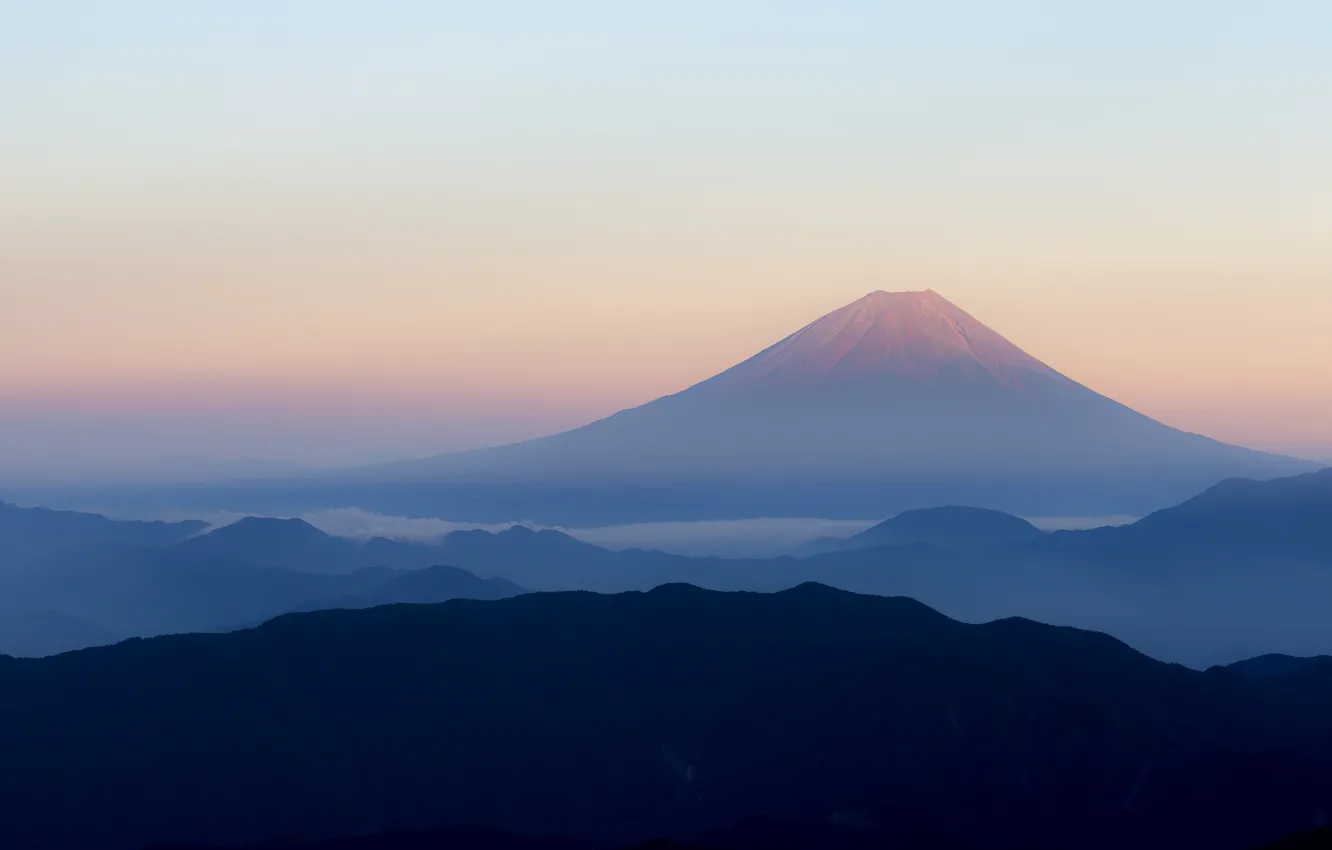 Photo wallpaper mountains, fog, dawn, morning, the volcano, Japan, Fuji, Fuji