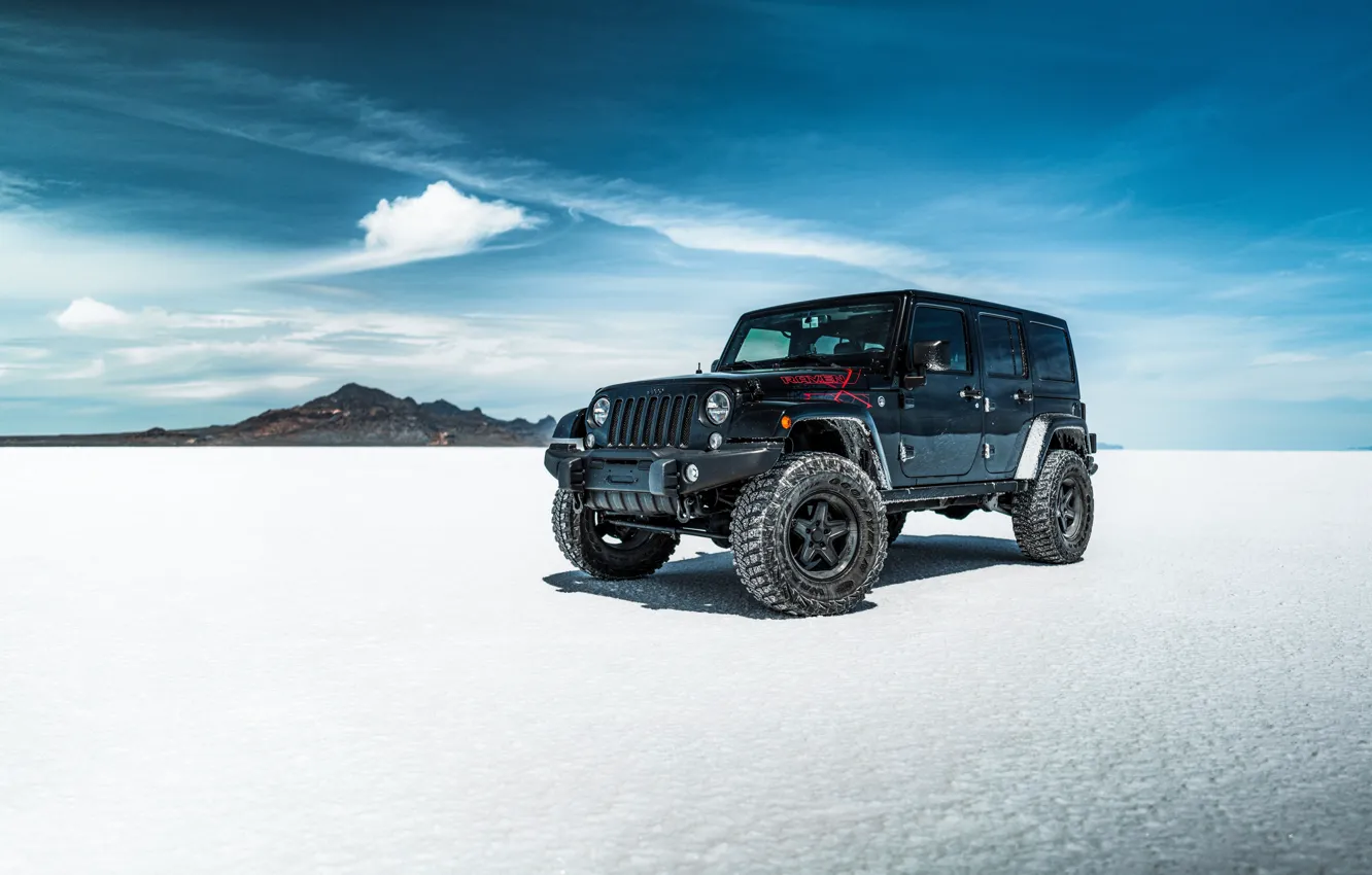 Photo wallpaper car, sky, desert, clouds, rocks, sand, SUV, Wrangler