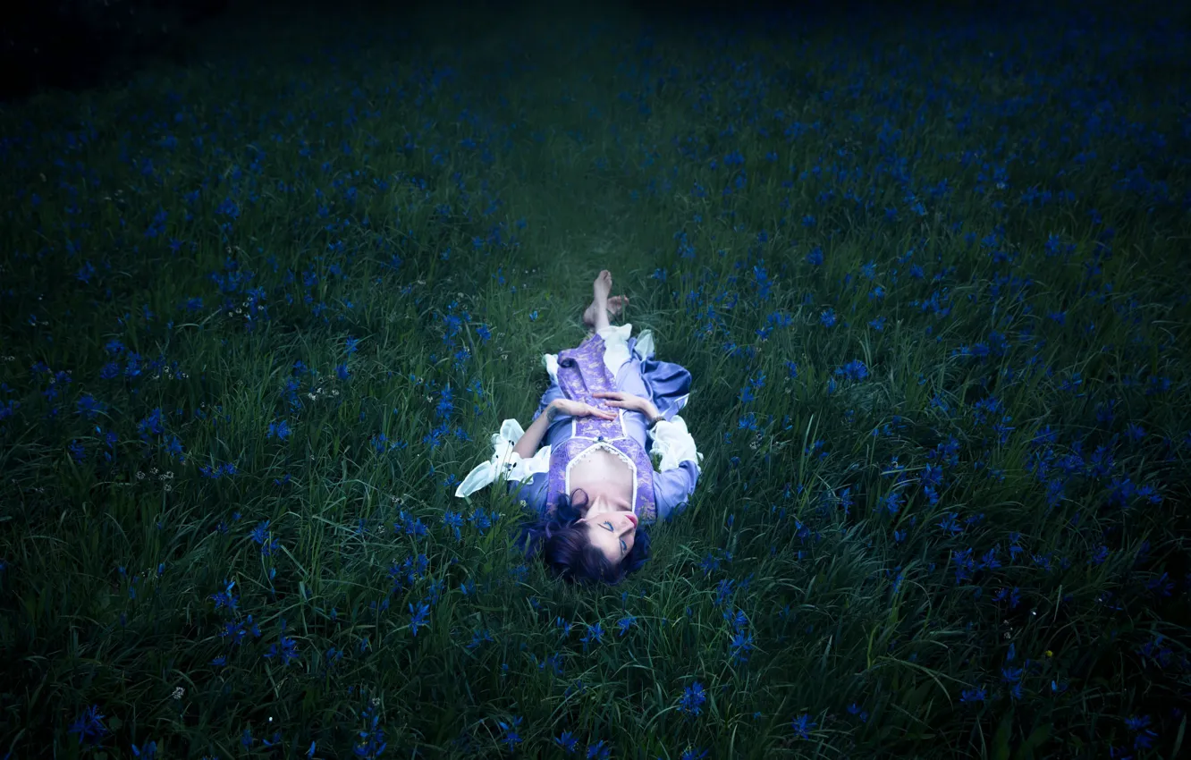 Photo wallpaper grass, girl, flowers, stay, dress, Lichon