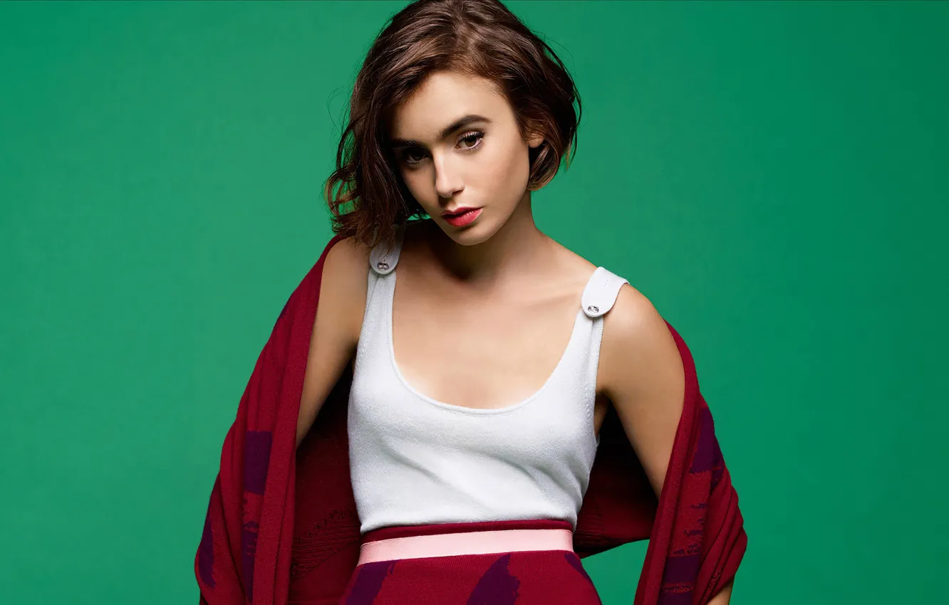 Photo wallpaper look, girl, face, pose, makeup, Lily Collins