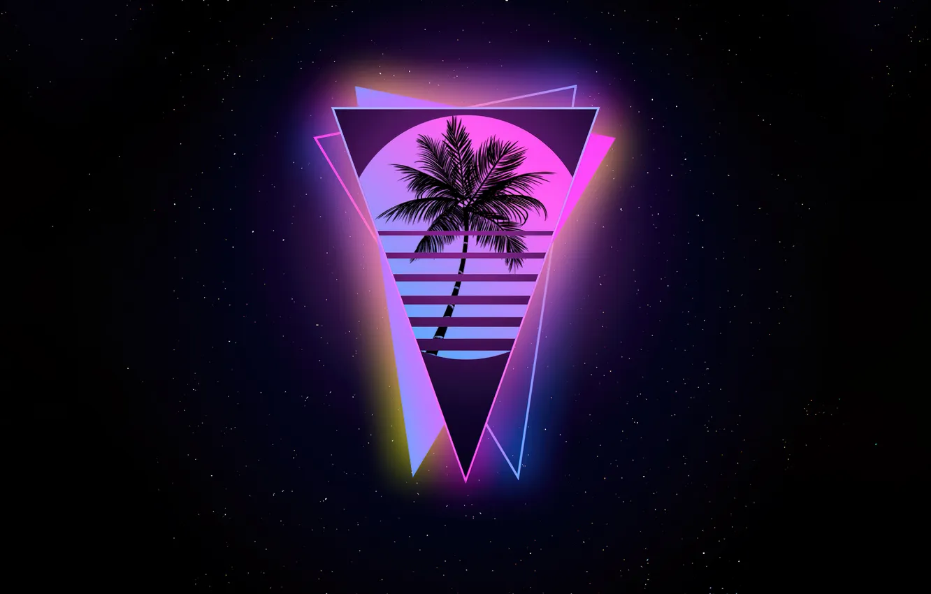Photo wallpaper Miami, black background, palm tree, geometric, Triangles, Outrun, Neon glow