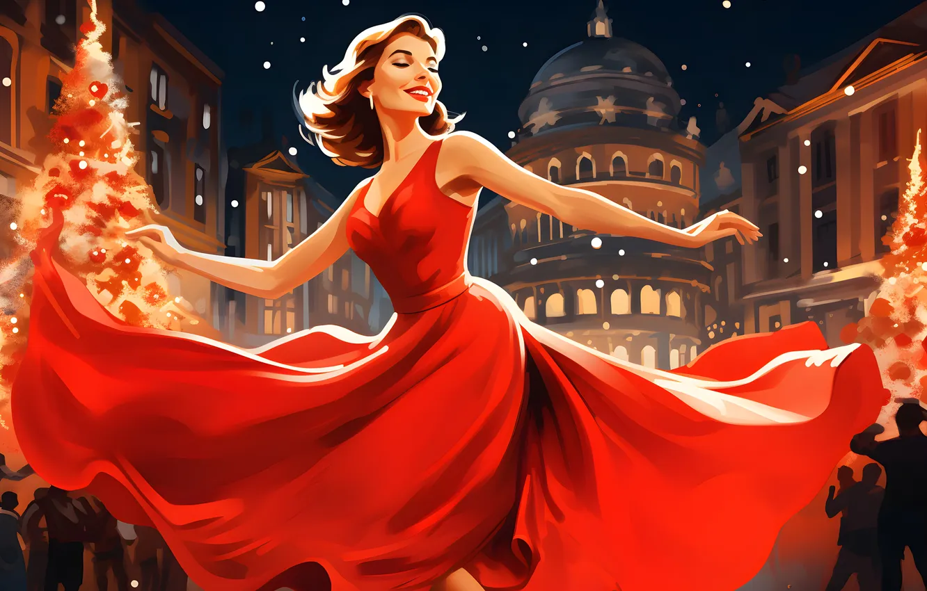 Photo wallpaper girl, joy, night, smile, tree, new year, home, dress