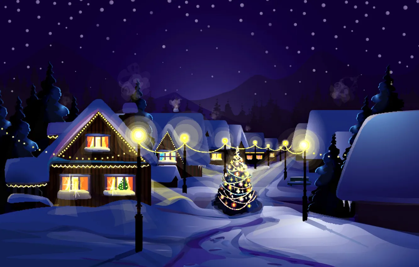 Photo wallpaper winter, snow, landscape, night, nature, holiday, tree, home