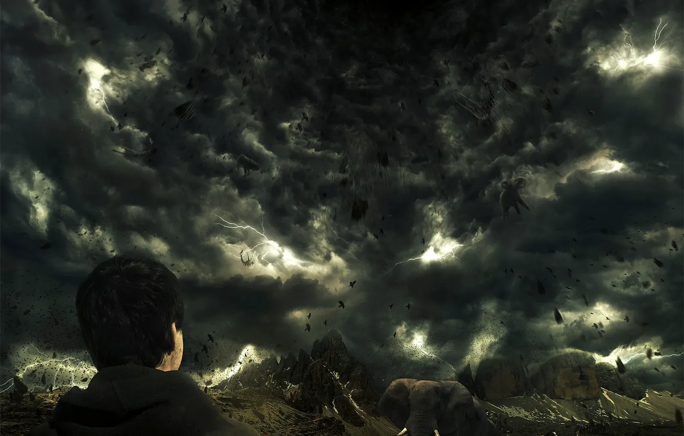 Photo wallpaper clouds, mountains, lightning, elephant, storm