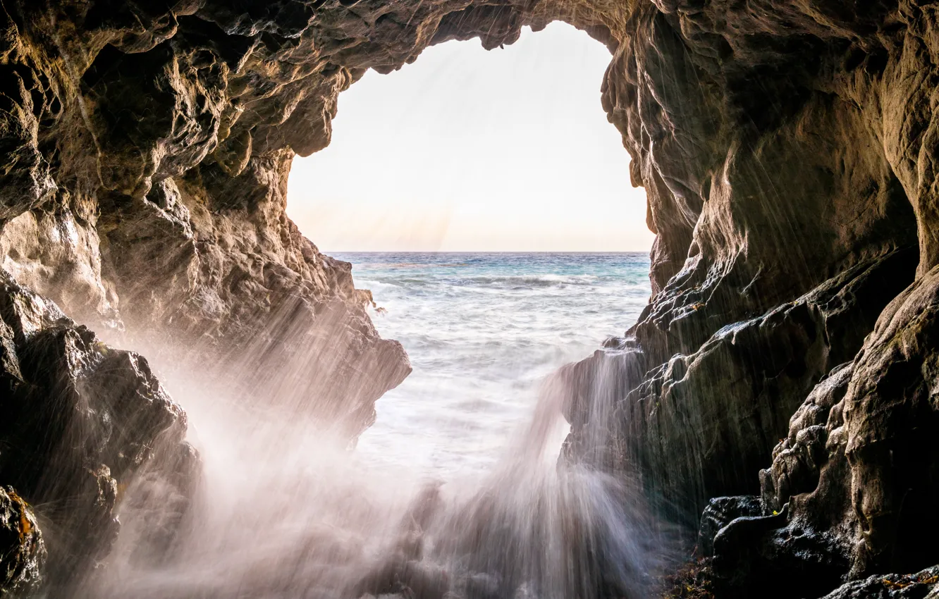 Photo wallpaper wave, water, squirt, the ocean, rocks, CA, USA, hole