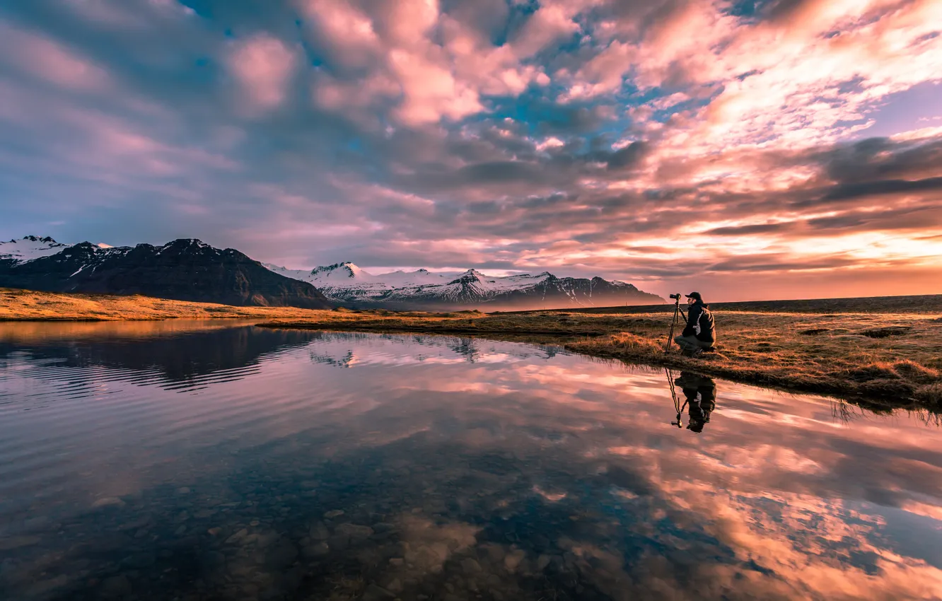 Photo wallpaper sunset, mountains, clouds, nature, lake, photographer