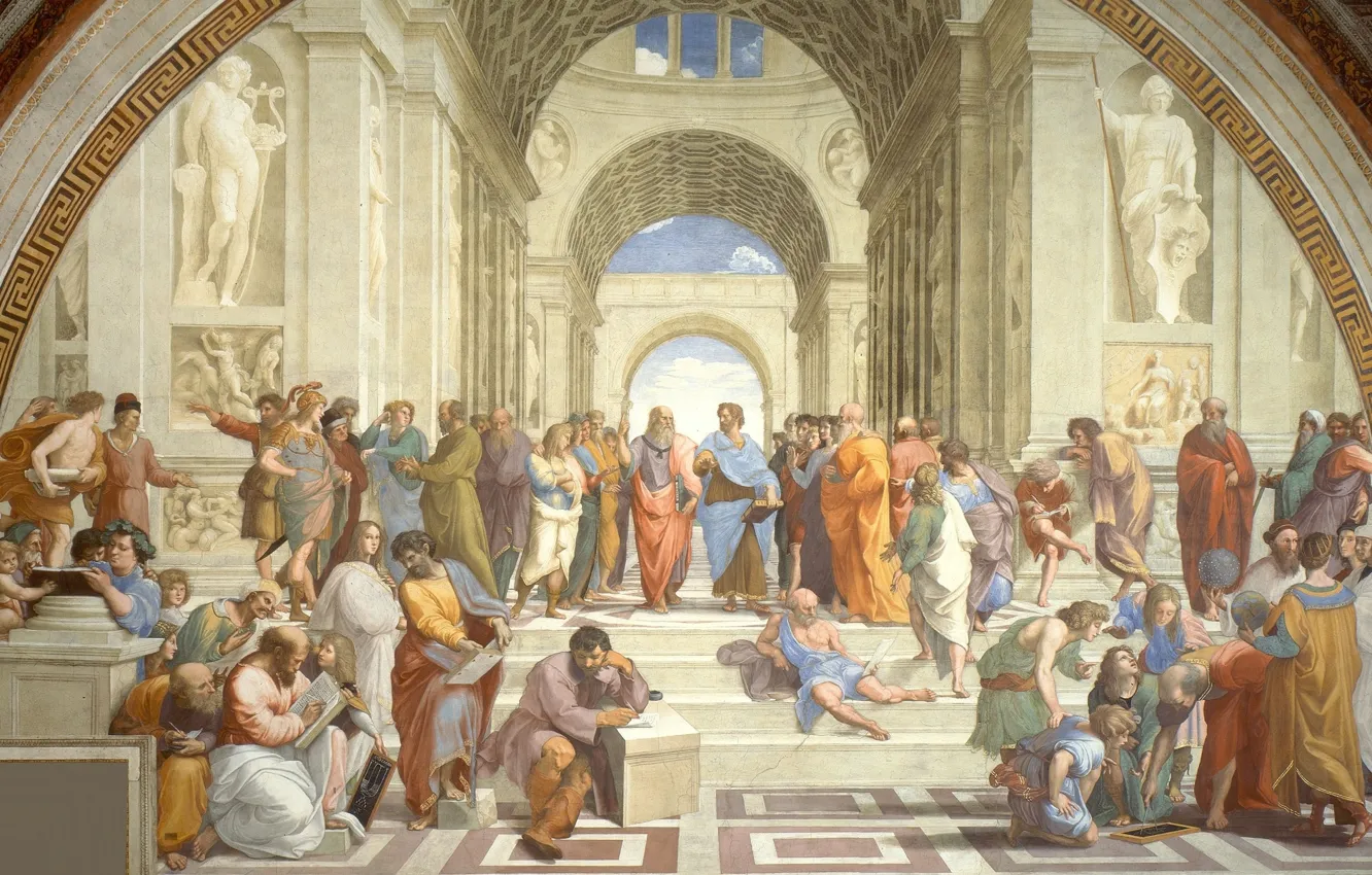 Photo wallpaper picture, art, Rafael, Zenon Of Kition, Hypatia, The school of Athens, Heraclitus, Socrates
