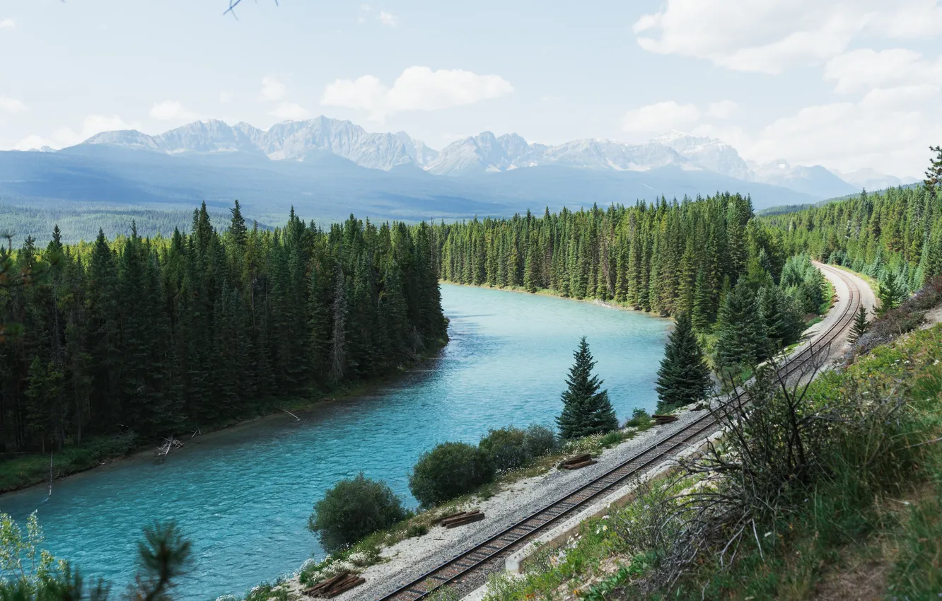 Photo wallpaper forest, river, railroad, Mountain range