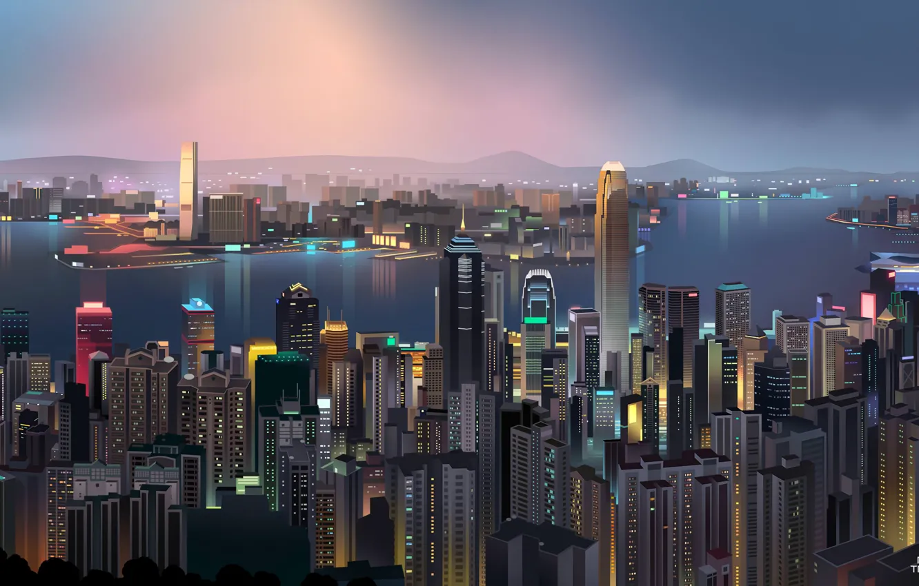 Photo wallpaper Hong Kong, Night, Vector, The city, Neon, Ship, Style, Skyscrapers