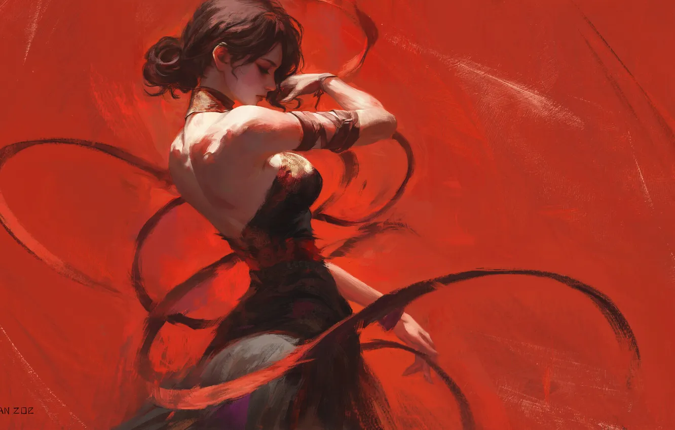 Photo wallpaper red, artwork, red background, selective coloring, ArtStation, Ruan Zoe