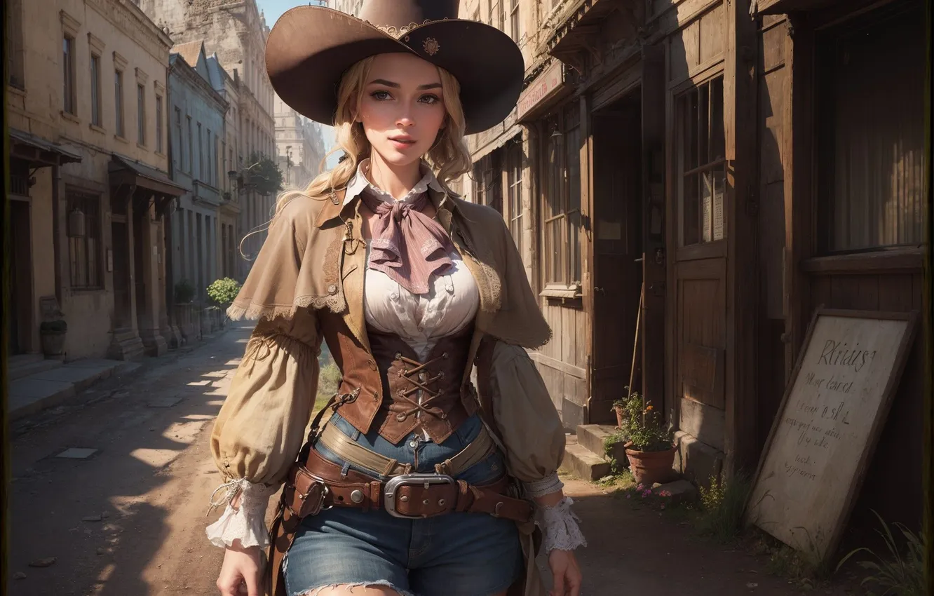 Photo wallpaper city, girl, shorts, hat, AI Art