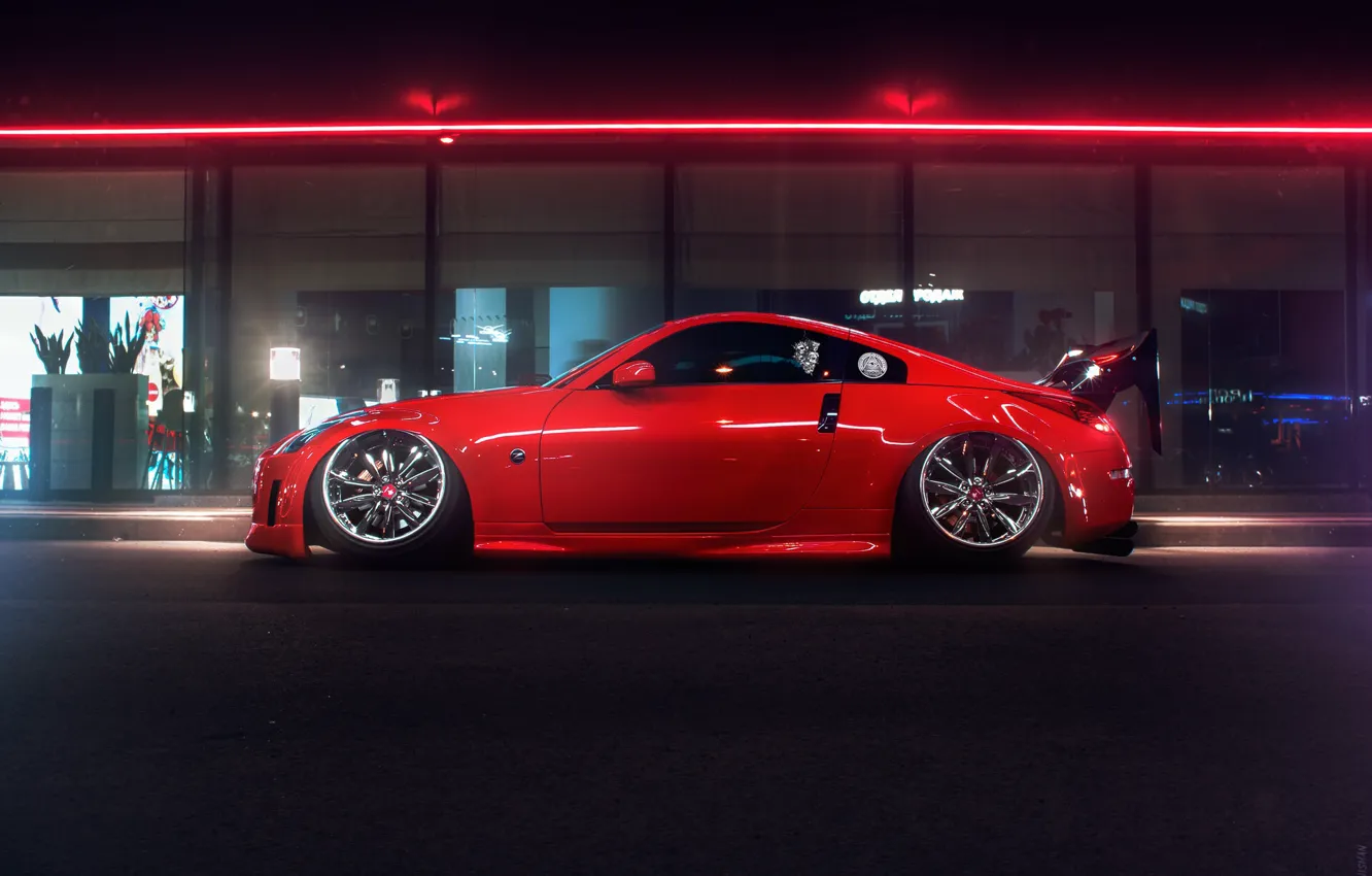 Photo wallpaper Red, Auto, Night, Machine, Tuning, Nissan, Red, Nissan 350Z
