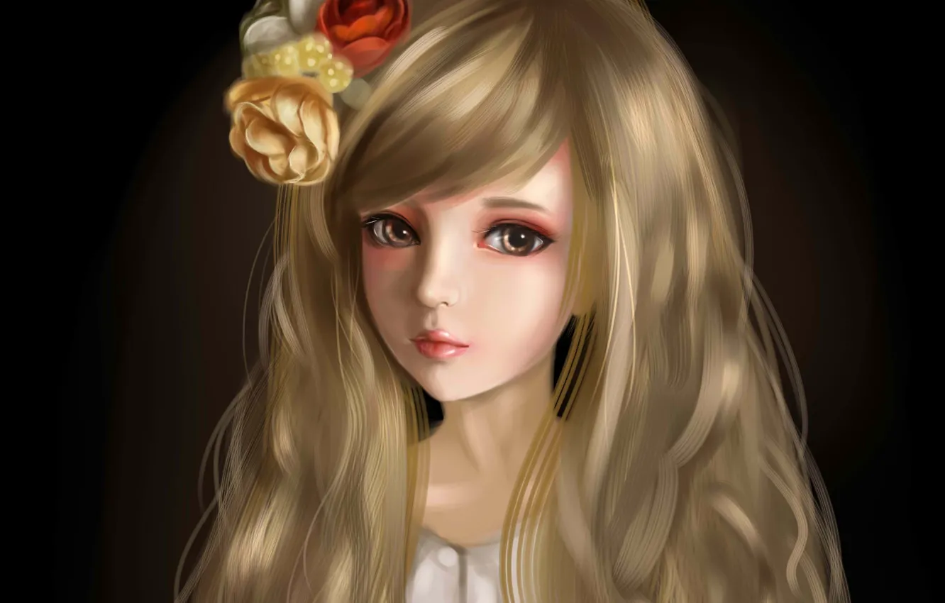 Photo wallpaper girl, flowers, face, the dark background, hair, art