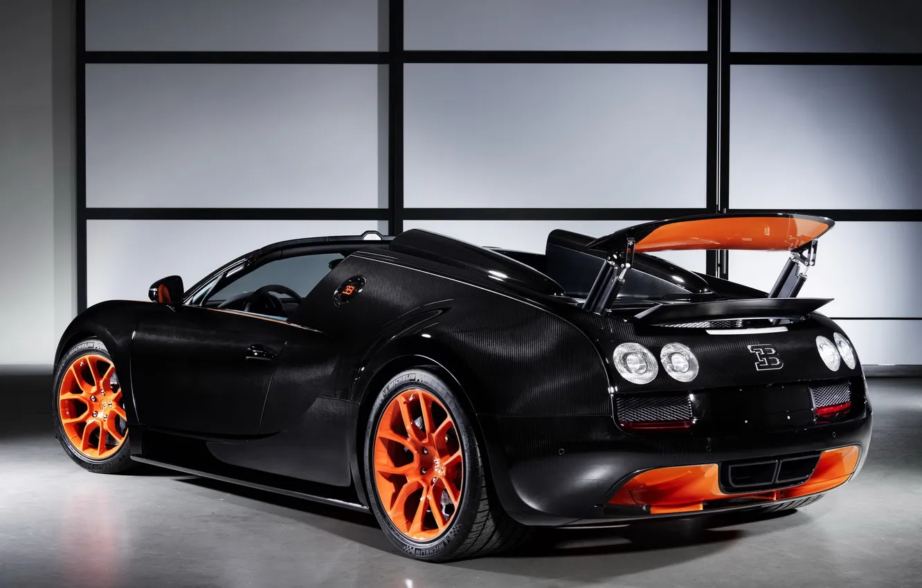 Photo wallpaper Roadster, Bugatti, Veyron, black, orange, Supercar, Grand Sport, Vitesse