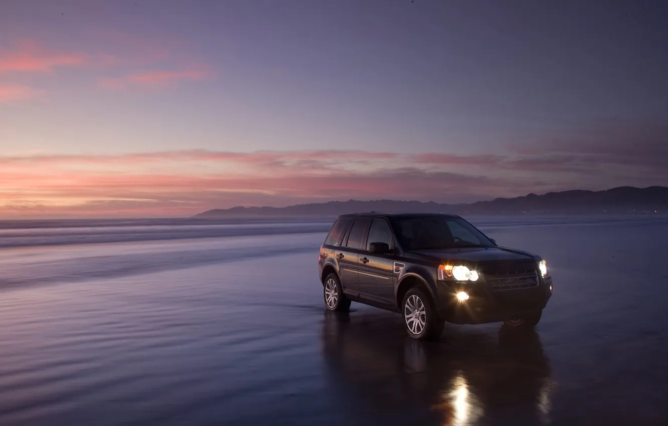 Photo wallpaper sea, beach, sunset, Land Rover, lonely, freelander2