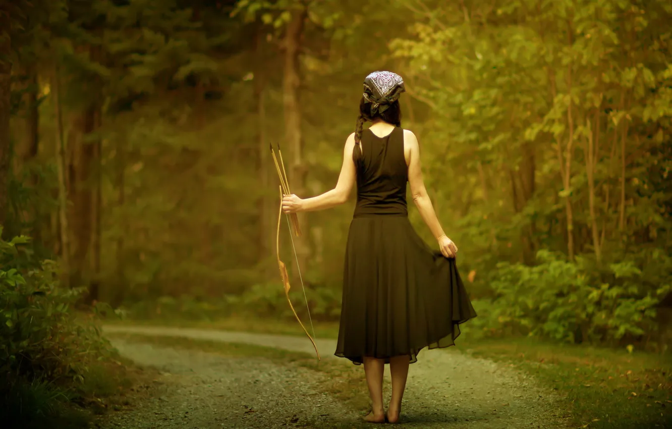 Photo wallpaper road, forest, girl, the situation, bow, arrows
