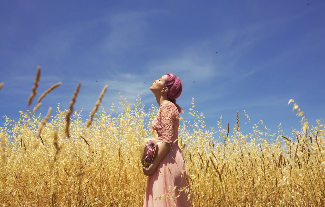 Photo wallpaper field, summer, girl, face, dress