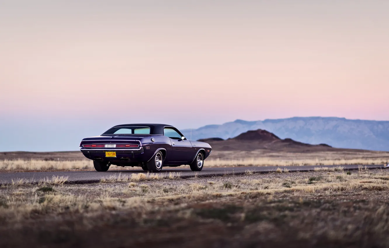 Photo wallpaper road, mountains, wheel, back, Dodge, Challenger, twilight, tail lights