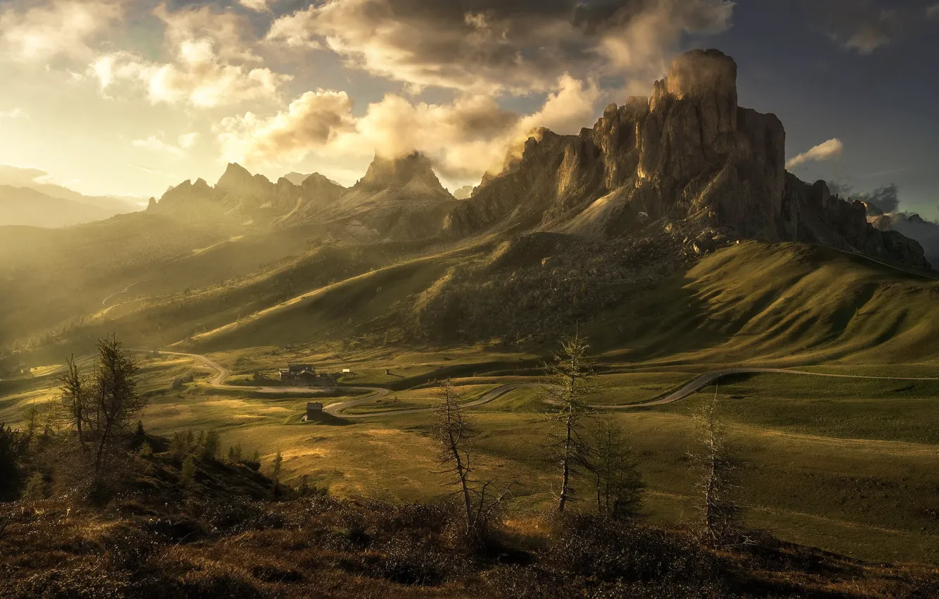 Photo wallpaper light, mountains, slope, house, The Dolomites