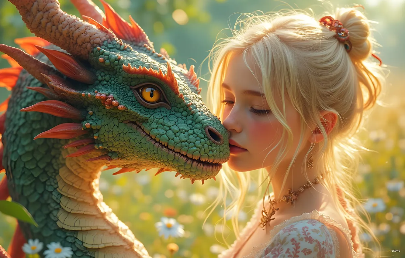 Photo wallpaper girl, dragon, AI art, neural network
