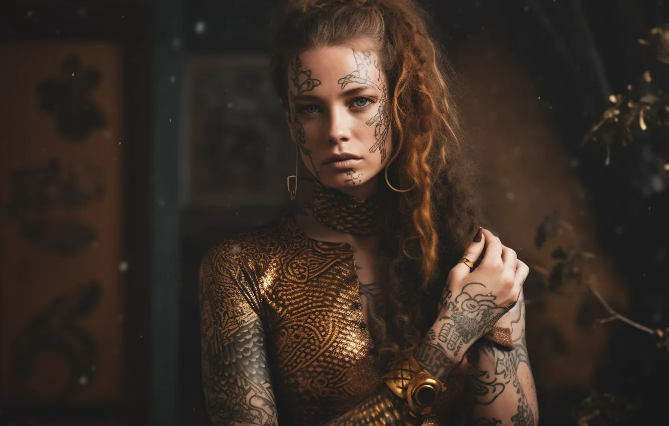 Photo wallpaper look, girl, branches, wall, pattern, portrait, earrings, hands