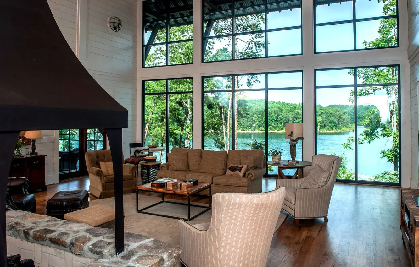 Photo wallpaper design, style, interior, fireplace, living room, river view