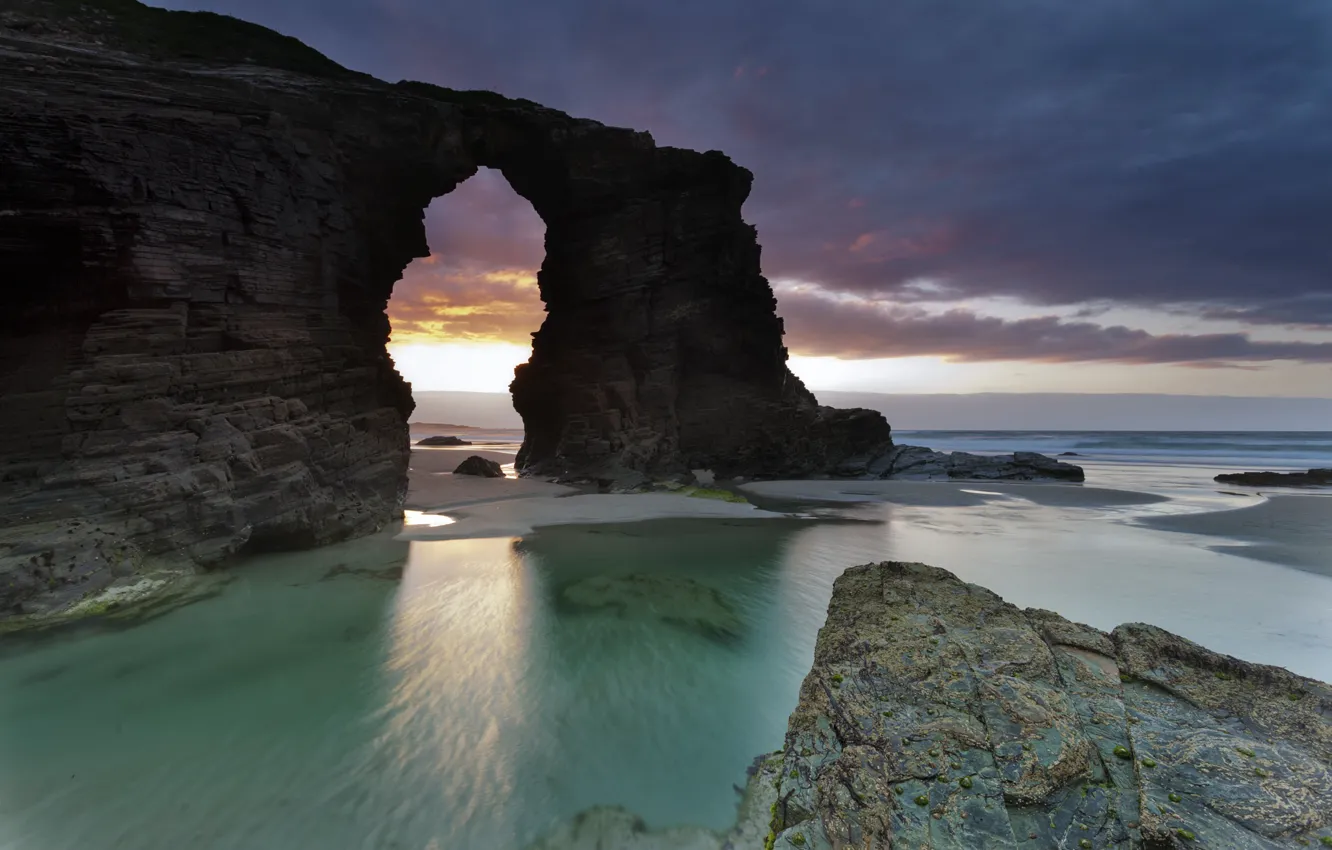 Photo wallpaper sea, beach, summer, water, rocks, dawn, Spain